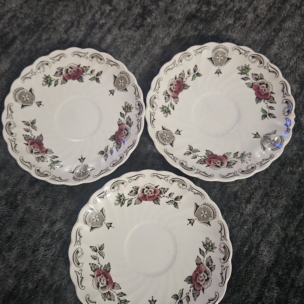 3 Myott Staffordshire BOUQUET Crazed Red & Blue Flowers Swirl - TEA CUP SAUCER